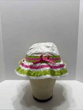 Girls' White Sun Hat with Pink Ribbon & Lime Green Polka Trim